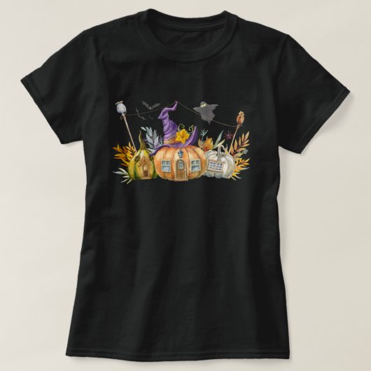 Haunted Pumpkin House met Ghost en Bats T-shirt (Design voorkant)