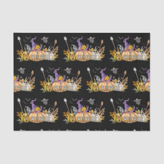 Haunted Pumpkin House met Ghost en Bats Tissuepapier (Voorkant)