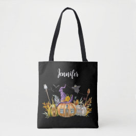 Haunted Pumpkin House met Ghost en Bats Tote Bag