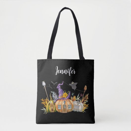 Haunted Pumpkin House met Ghost en Bats Tote Bag (Voorkant)