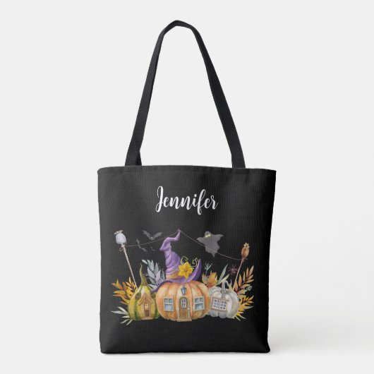 Haunted Pumpkin House met Ghost en Bats Tote Bag (Achterkant)