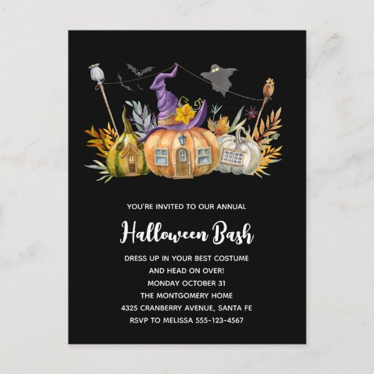 Haunted Pumpkin House met Ghost en Bats Uitnodiging Briefkaart (Voorkant)