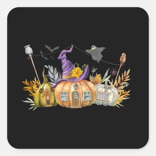 Haunted Pumpkin House met Ghost en Bats Vierkante Sticker (Voorkant)