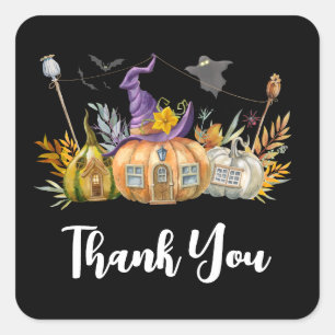 Haunted Pumpkin House met Ghost en Bats Vierkante Sticker