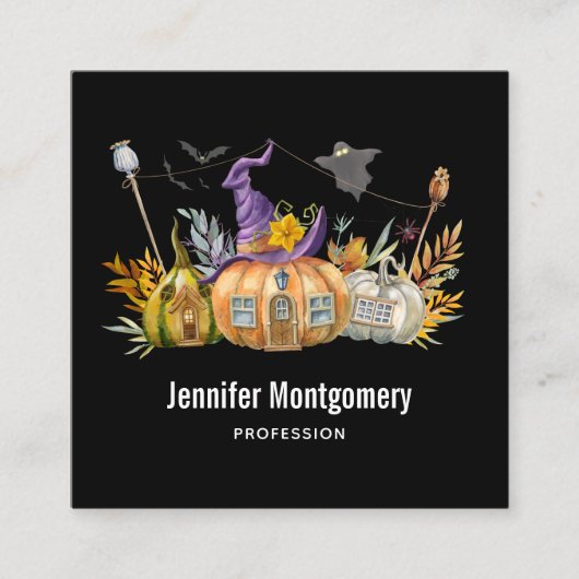 Haunted Pumpkin House met Ghost en Bats Vierkante Visitekaartje (Voorkant)