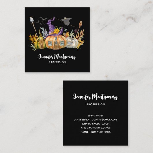 Haunted Pumpkin House met Ghost en Bats Vierkante Visitekaartje (Voorkant / Achterkant)