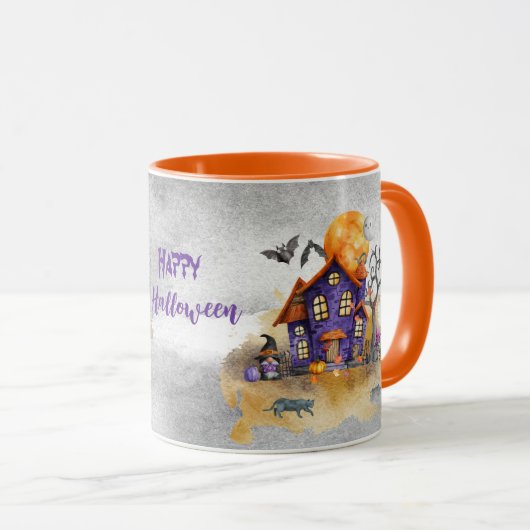 Haunted Purple Gnome House With Ghost Bats & Cats Mok (Voorkant rechts)