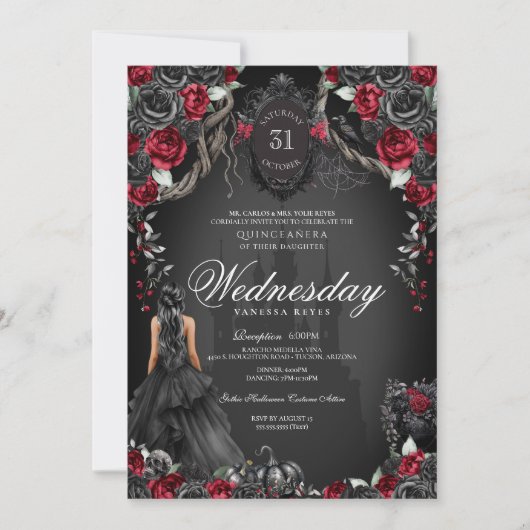 Haunted Quinceanera Zwart Rozen Rood Halloween Kaart (Voorkant)