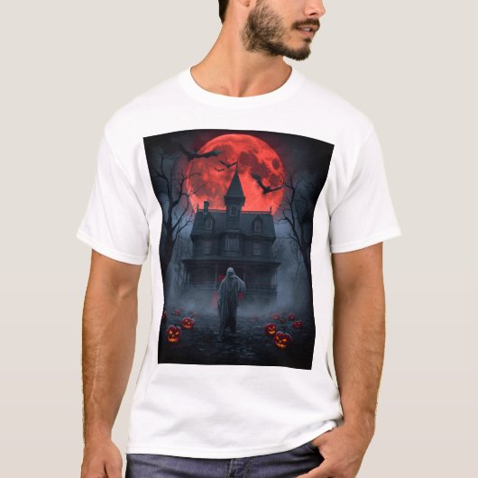 Haunted Red Moon Halloween T-Shirt | Spooky Ghost  (Voorkant)