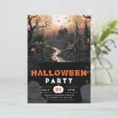 Haunted Town Volle Maan Zwarte Vogels Halloween Kaart (Staand voorkant)