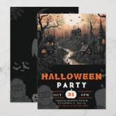 Haunted Town Volle Maan Zwarte Vogels Halloween Kaart (Voorkant / Achterkant)