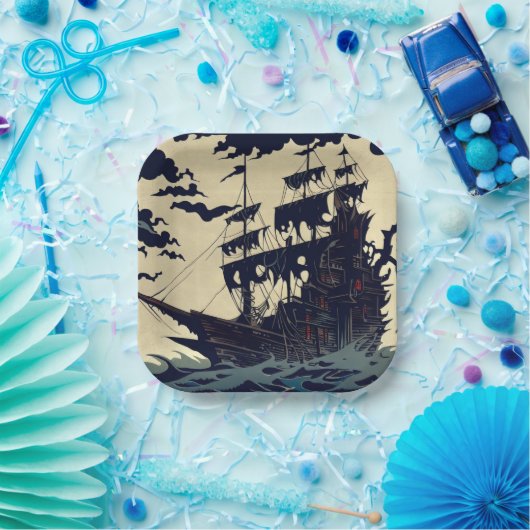 Haunted Zeilschip Woodblock 1 Papieren Bordje (Feest)