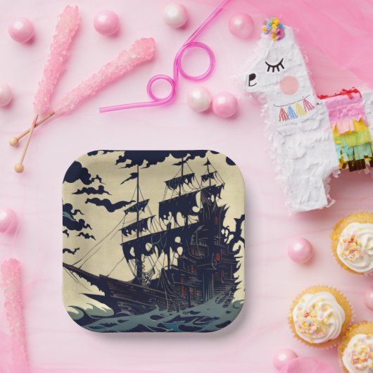 Haunted Zeilschip Woodblock 1 Papieren Bordje (Feest)