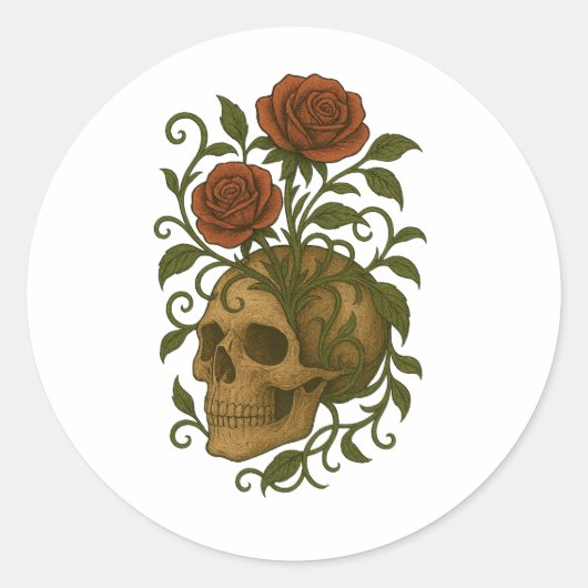 Haunting Beauty  Skull and Roses Halloween Art Ronde Sticker (Voorkant)