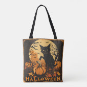 Haunting Black Cat op pompoen met maan en vleermui Tote Bag (Achterkant)