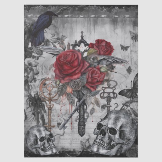 Haunting Fantasy Gothic Raven Rozen Skulls Tissuepapier (Voorkant)