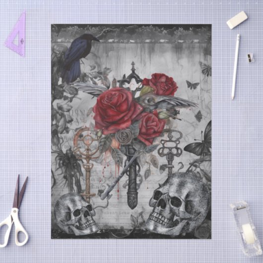 Haunting Fantasy Gothic Raven Rozen Skulls Tissuepapier (Craft)