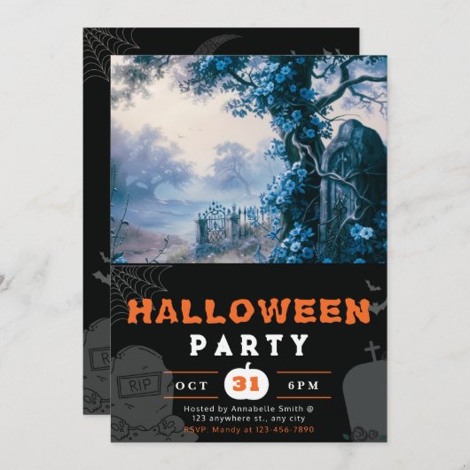 Haunting Graveyard Blue Flowers Halloween Kaart (Voorkant / Achterkant)