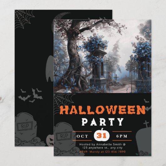 Haunting Graveyard Blue Flowers Halloween Kaart (Voorkant / Achterkant)