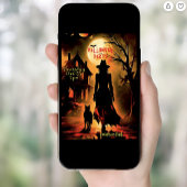 Haunting heks en kat silhouet Halloween Party Kaart