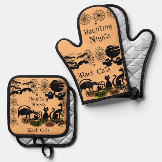 Haunting Nights Halloween Pompoen Zwart Kat Horror Ovenwant & Pannenlap Set (Voorkant / Achterkant)