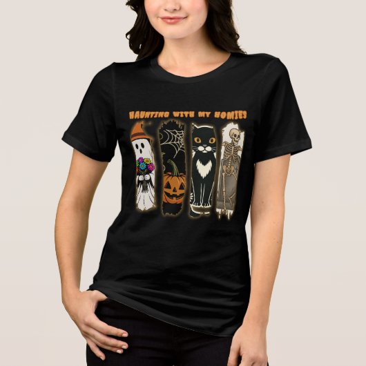 Haunting With My Homies Funny Halloween Characters Tri-Blend Shirt (Voorkant)