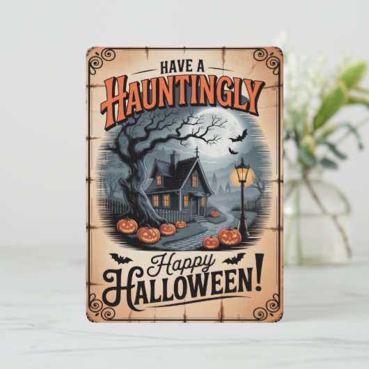 "Hauntingly Happy Halloween" Spooky House Feestdagenkaart (Staand voorkant)