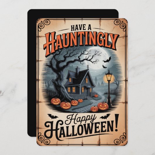 "Hauntingly Happy Halloween" Spooky House Feestdagenkaart (Voorkant / Achterkant)