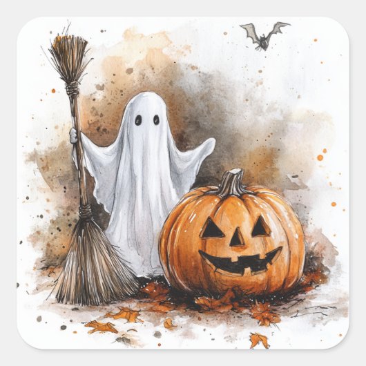 Hauntingly Schattigee Broomstick Ghost Vierkante Sticker (Voorkant)