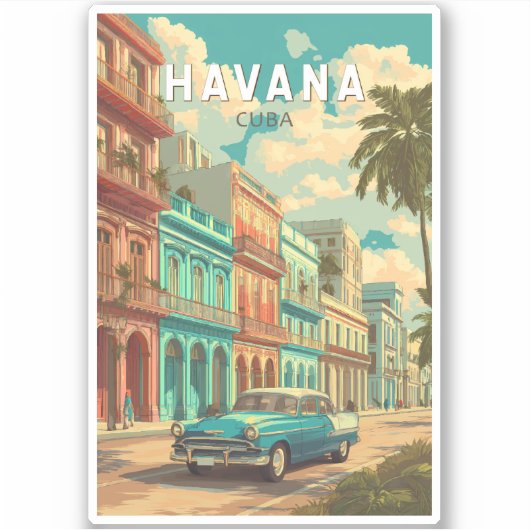 Havana Cuba Illustratie Travel Art Vintage Sticker (Voorkant)