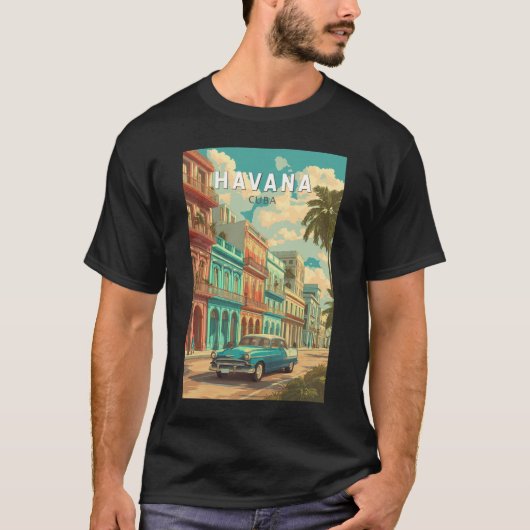 Havana Cuba Illustratie Travel Art Vintage T-shirt (Voorkant)