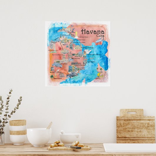 Havana Cuba Illustreerde reiskaart Poster (Keuken)