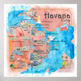 Havana Cuba Illustreerde reiskaart Poster
