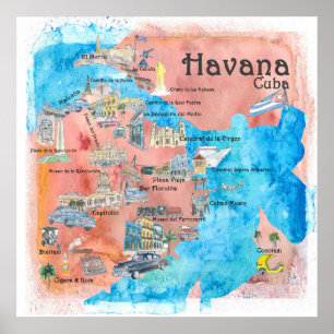 Havana Cuba Illustreerde reiskaart Poster