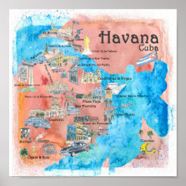 Havana Cuba Illustreerde reiskaart Poster