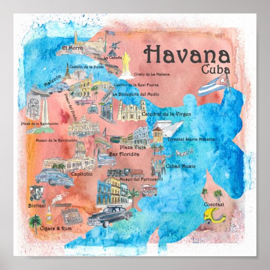 Havana Cuba Illustreerde reiskaart Poster (Voorkant)