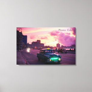 Havana Cuba op zonsondergang met  voertuigen Canvas Afdruk