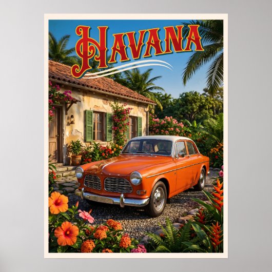 Havana Cuba Oude Auto Tropisch Reis Poster (Voorkant)