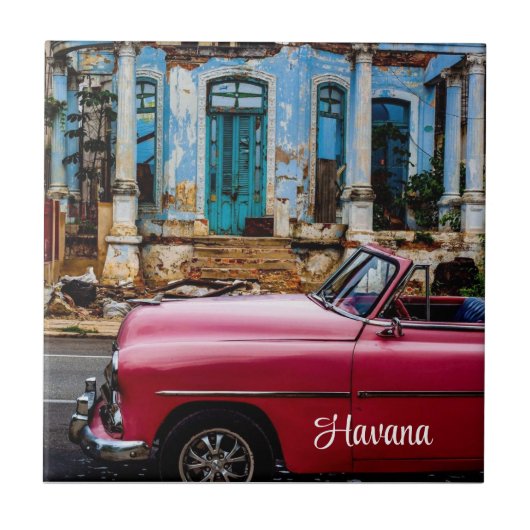 Havana Cuba Red Vintage Car Tegeltje (Voorkant)
