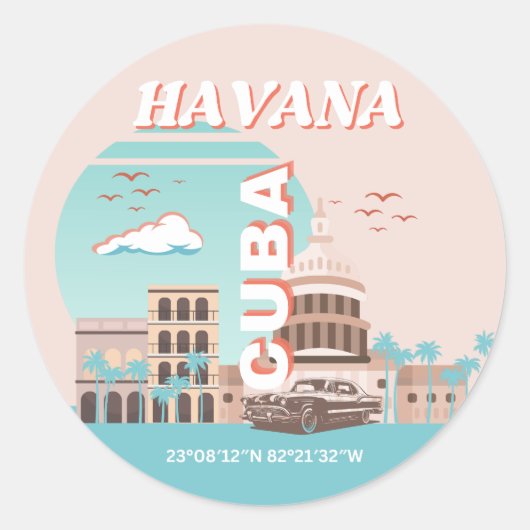 Havana Cuba Retro Travel Art Ronde Sticker (Voorkant)