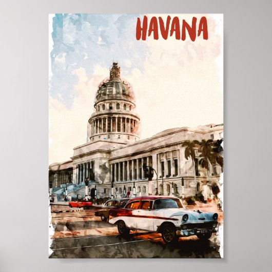 Havana Cuba Vintage Travel Waterverf Poster (Voorkant)
