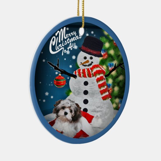 Havanees met Snowman-kerstversiering Keramisch Ornament (Rechts)