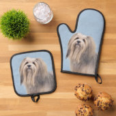 Havanees schilderij Zilver Schattige Originele Pet Ovenwant & Pannenlap Set (Top down)