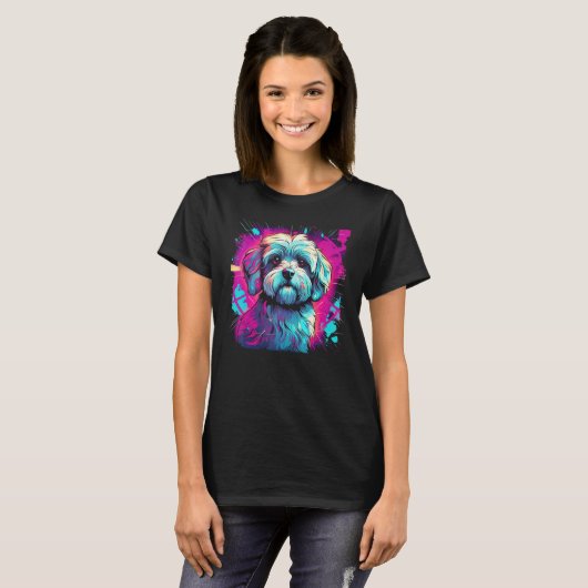 Havanese Bolonka Shih Tzu Lhasa Apso Hond 80s Retr T-shirt (Voorkant volledig)