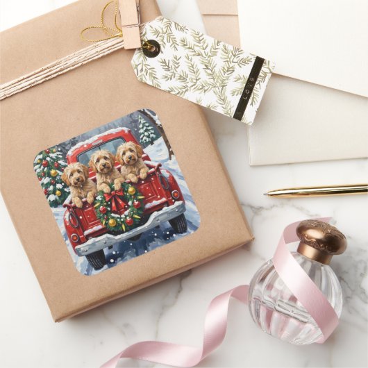 Havanese Christmas Red Truck Holiday Vierkante Sticker (Geschenken)