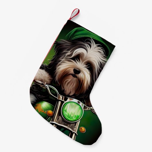 Havanese Dog Driving Bike St. Patrick's Day Kleine Kerstsok (Voorkant (Hangend))