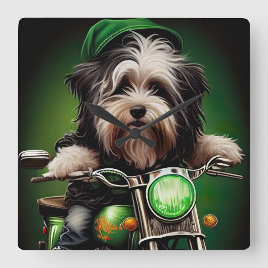 Havanese Dog Driving Bike St. Patrick's Day Vierkante Klok (Voorkant)