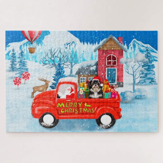 Havanese Dog Kerstmis bezorging vrachtwagen sneeuw Legpuzzel (Horizontaal)