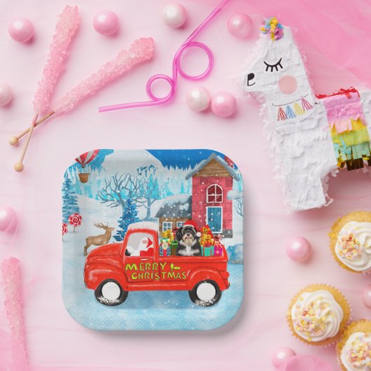 Havanese Dog Kerstmis bezorging vrachtwagen sneeuw Papieren Bordje (Feest)