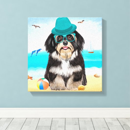 Havanese Dog op strand Canvas Afdruk (Insitu (Houten vloer))